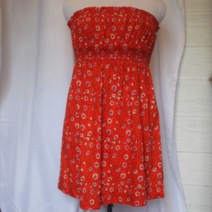 Free People Red Floral Cotton Strapless Dress
